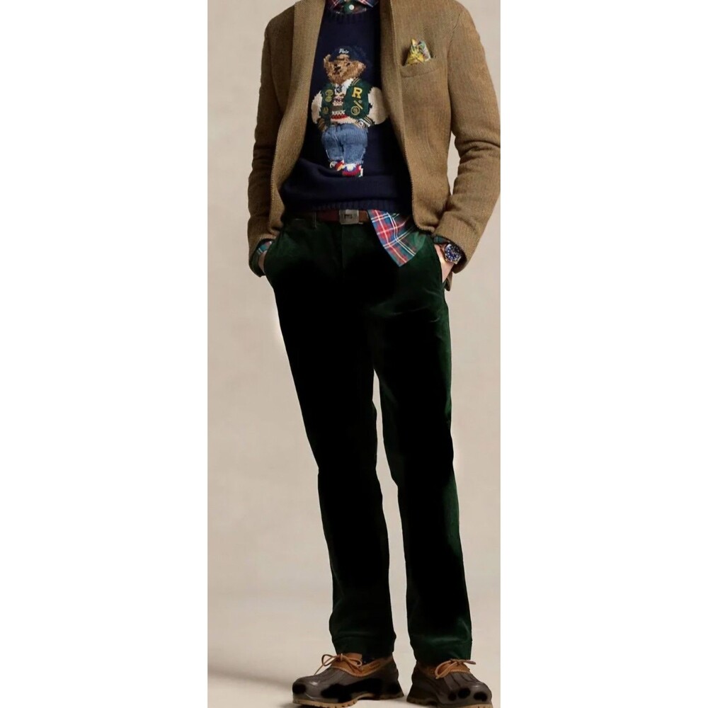Polo Ralph Lauren Mens 38X32 Green Corduroy Pants-Stretch Dark Academia Pinwale